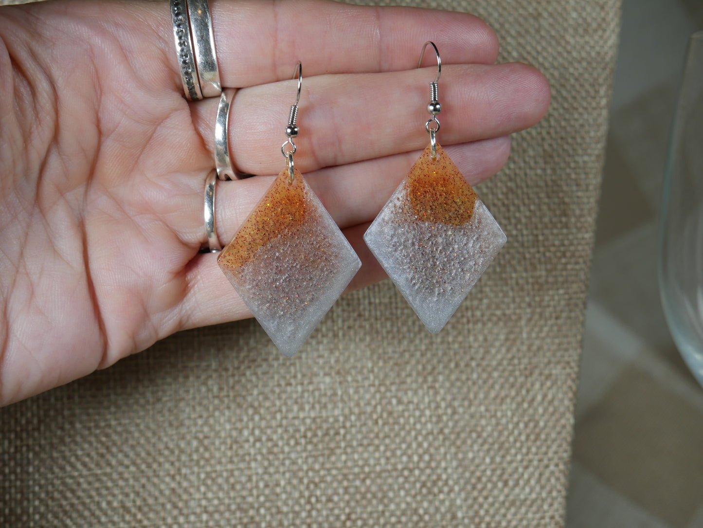 Silver and Gold Diamond Shaped Resin Earrings
