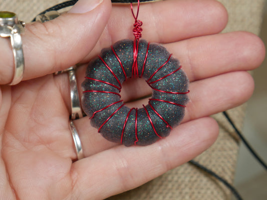 Black and Red Wire Wrapped "Donut" Resin Necklace