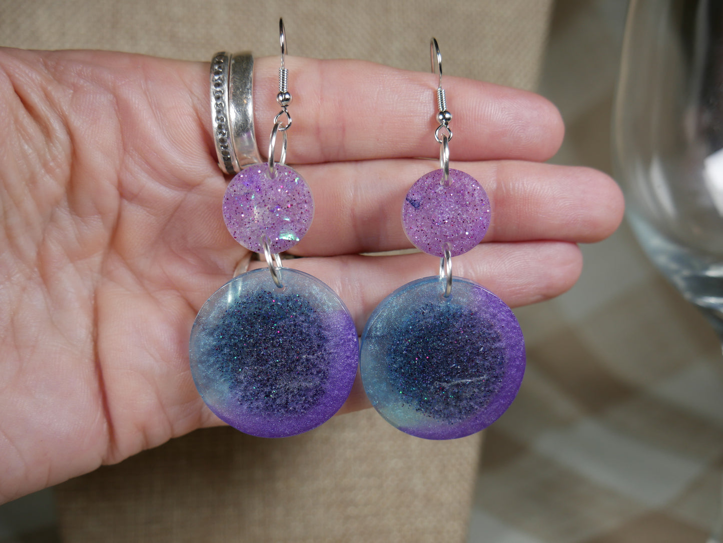 Aqua, Purple and Black Retro 1980's Circle Resin Earrings