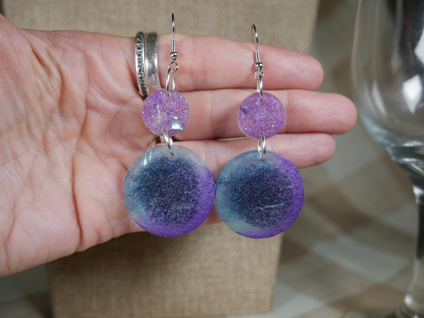 Aqua, Purple and Black Retro 1980's Circle Resin Earrings