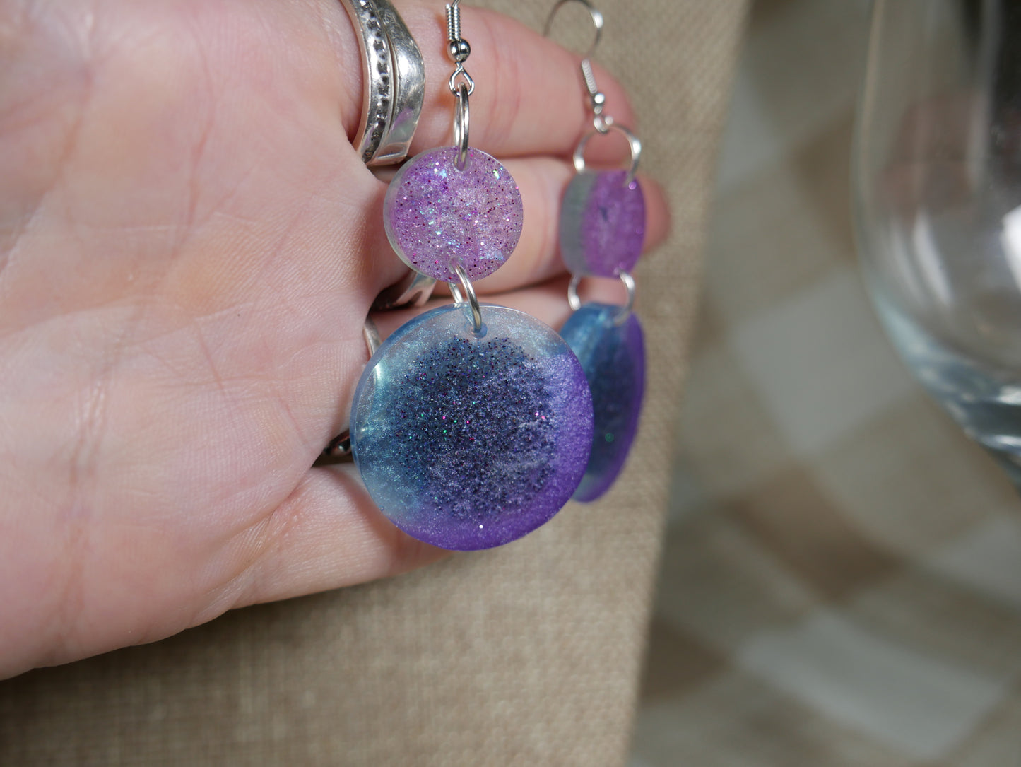 Aqua, Purple and Black Retro 1980's Circle Resin Earrings