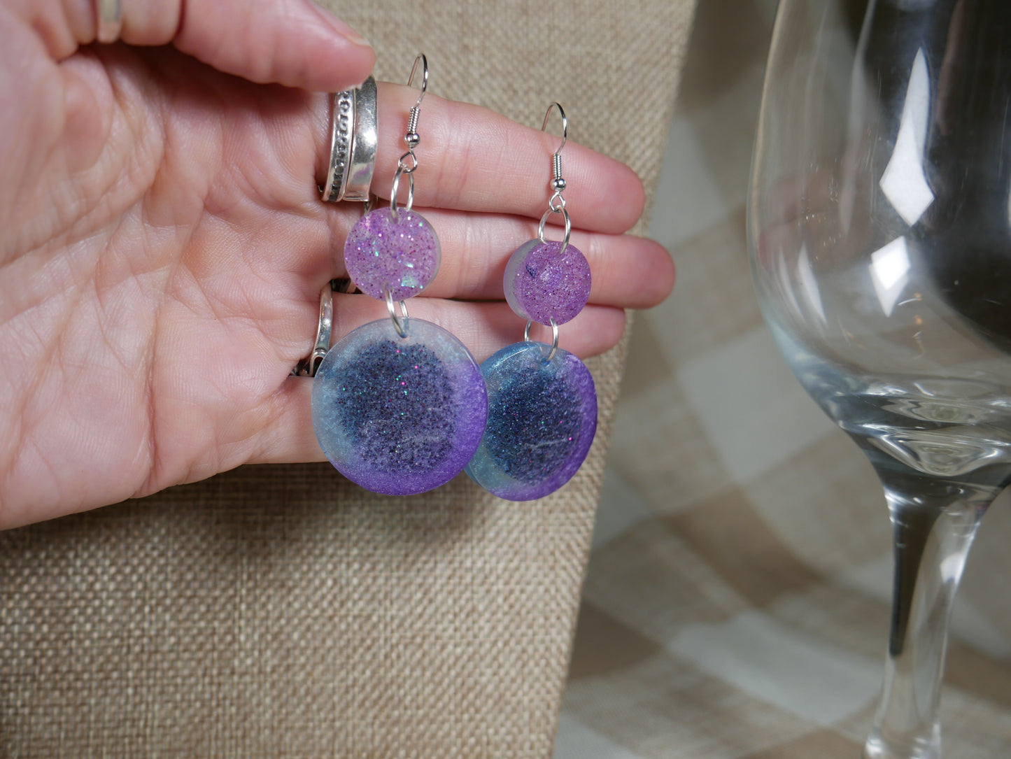 Aqua, Purple and Black Retro 1980's Circle Resin Earrings