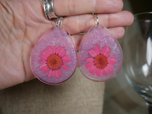 Pink and Purple Flower Resin Earrings