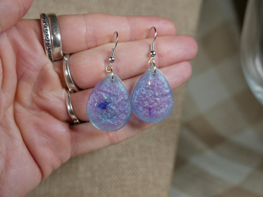 Purple and Blue Teardrop Shaped Resin Earrings