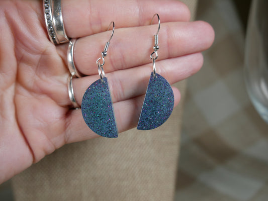 Black and Aqua Sparkly Half Circle Resin Earrings