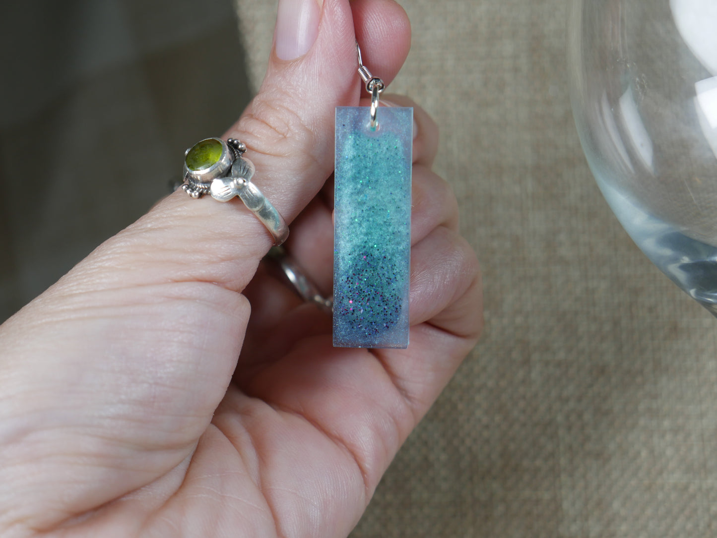 Aqua and Black Rectangular Resin Earrings