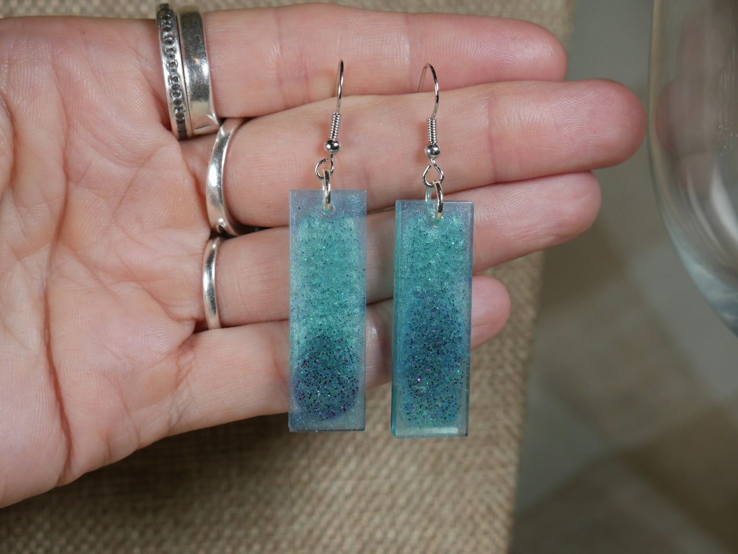 Aqua and Black Rectangular Resin Earrings