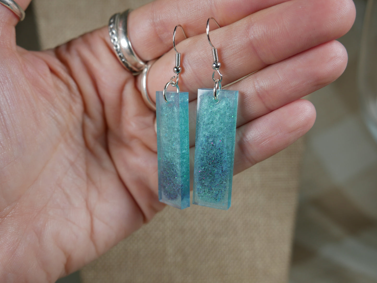 Aqua and Black Rectangular Resin Earrings