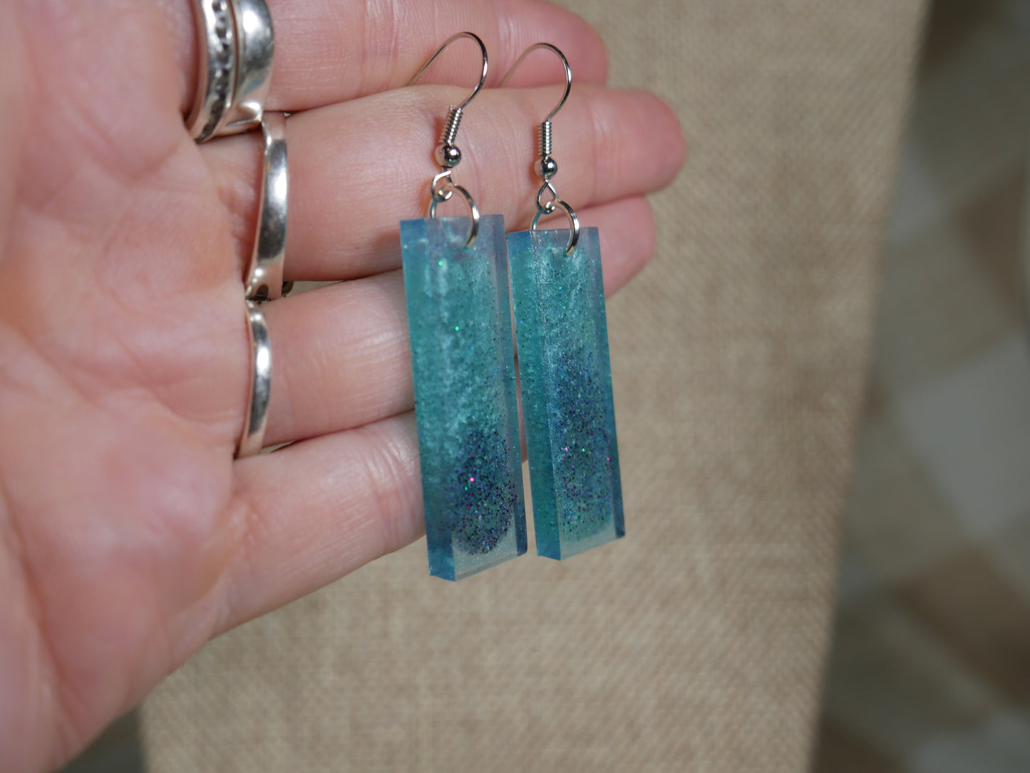 Aqua and Black Rectangular Resin Earrings