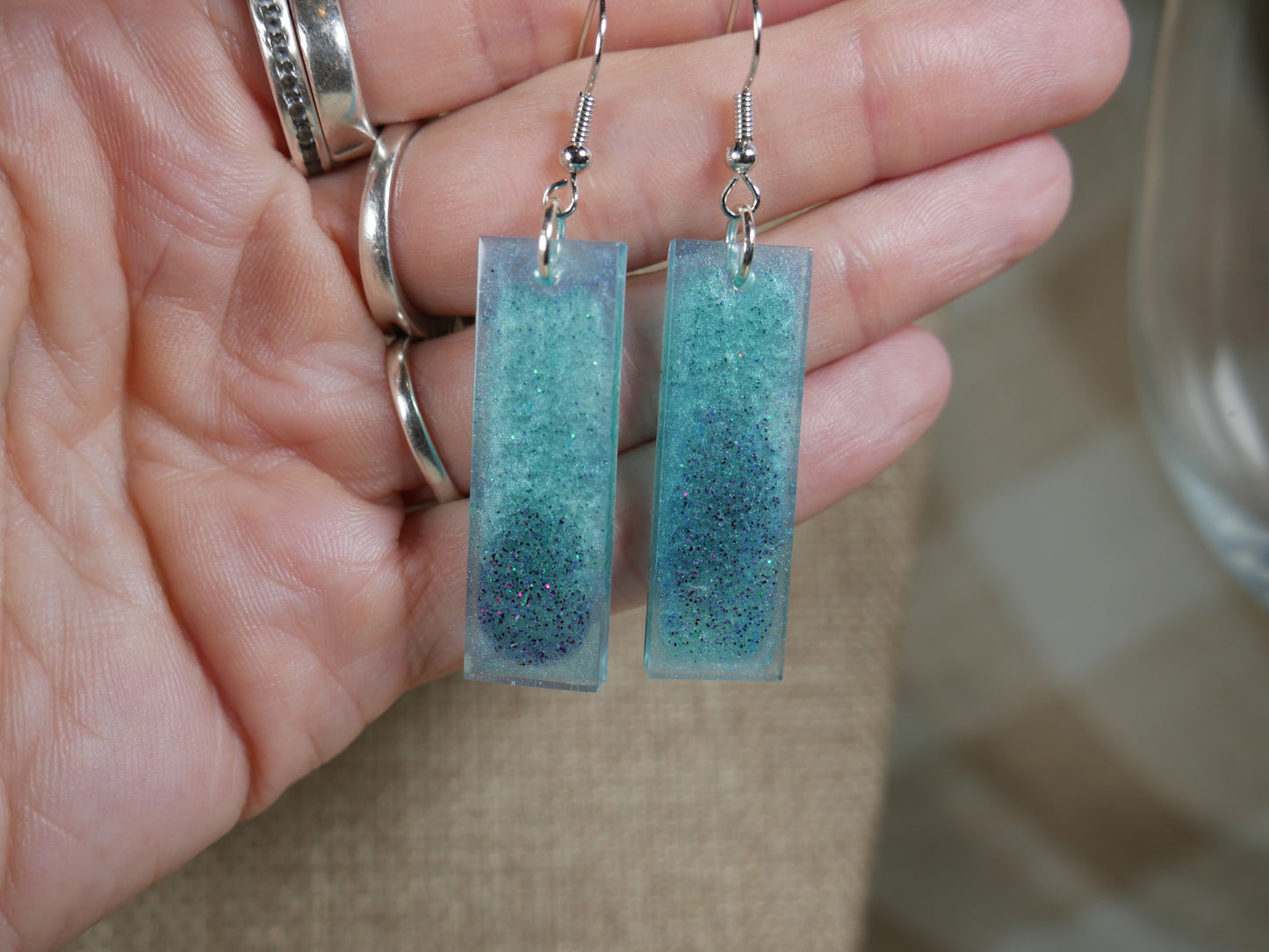 Aqua and Black Rectangular Resin Earrings