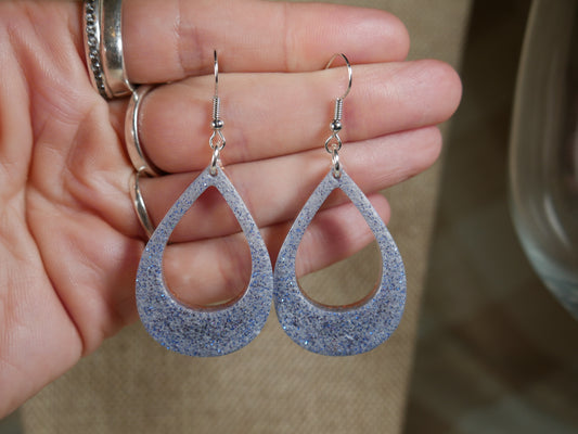 Blue, White and Silver Sparkly Resin Teardrop Loop Earrings