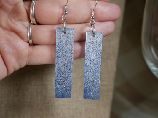 Silver and Blue Sparkly Rectangular Resin Earrings